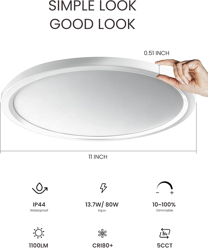LEDYOND 11in Ultra-Thin LED Ceiling Light (0.52in), 5 Color Temperatures (3000K-6500K), 1100 Lumens Dimmable Flush Mount Ceiling Light Fixture, Compatible with Most Dimmers, Flicker-Free - 1 PK/White