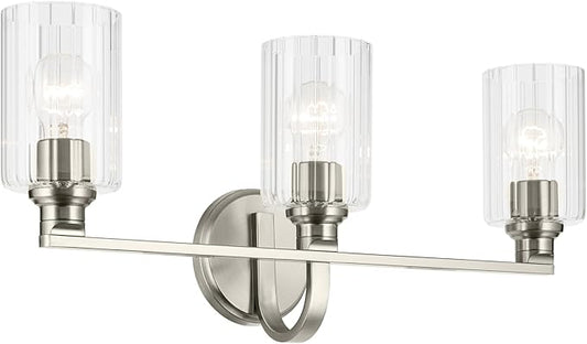 Kichler Gioe 24.25 in 3-Light Bathroom Vanity Light Fixture with Clear Fluted Glass in Brushed Nickel, Modern Wall Mount Over Mirror for Powder Room, Damp Rated (24.25 in W x 10.5 in H), 55226NIFLU