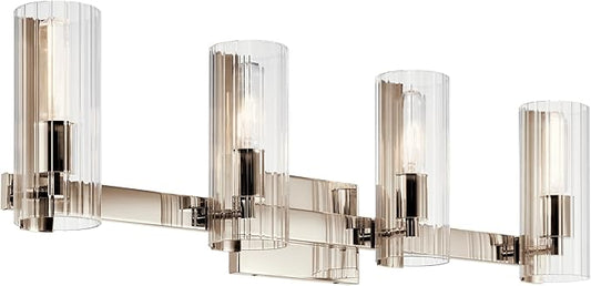 Kichler Jemsa 4-Light Bathroom Vanity Light Fixture with Clear Fluted Glass in Polished Nickel, Modern Wall Mount Light for Bathroom Over Mirror (9.75" x 32"), 55169PN