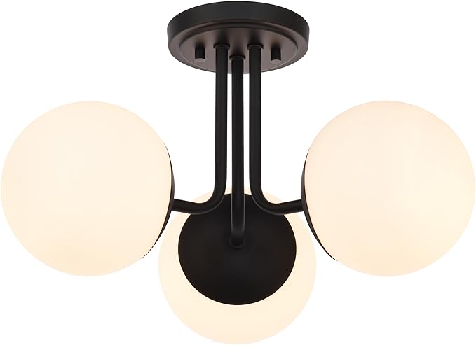 3 Light Semi Flush Mount Ceiling Light Fixture, Modern Globe Chandelier, Sputnik Farmhouse Lighting for Kitchen Bedroom Bathroom Living Room Corridor Laundry Room Bar (Matte Black)