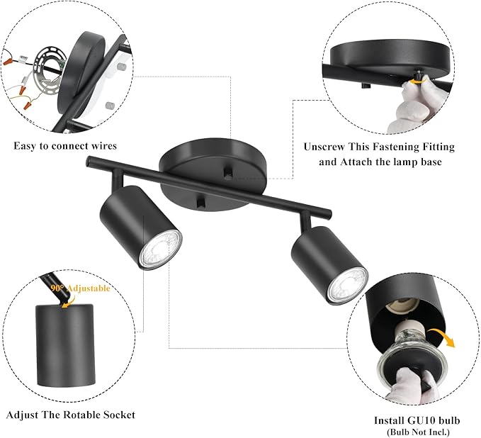 BoostArea LED 2 Light Track Lighting Kit, Black 2 Way Ceiling Spot Lighting, Flexibly Rotatable Light Head for Kitchen, Living Room, Bedroom, GU10 Bulb Not Included