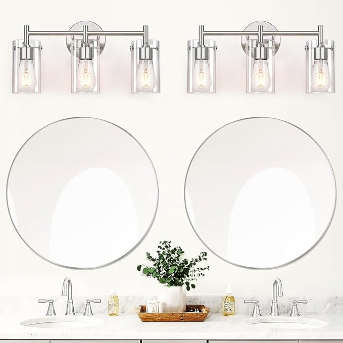 Indoi 3-Light Brushed Nickel Bathroom Vanity Light Fixtures, Clear Glass Shade Wall Sconces for Mirror, Bedroom, Living Room, Hallway