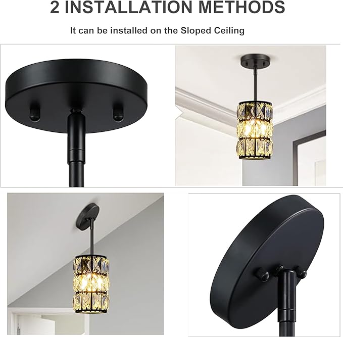 Modern Black Crystal Pendant Light, 3-Pack Crystal Pendant Light Fixtures Mini Crystal Chandeliers, Adjustable Hanging Ceiling Lights for Kitchen Island Dining Room Bedroom Hallway Bar