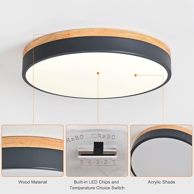 Yiisem Dimmable Wood LED Flush Mount Ceiling Light, 5CCT 2700K-6000K Selectable Modern Round Close to Ceiling Lighting Fixtures, Minimalist Grey Ceiling Lamp for Living Room, Bedroom, Laundry Room