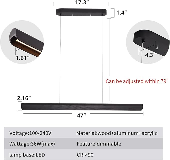 YISDESIGN 47inch Wood LED Linear Pendant Light, Dimmable Wood Ceiling Lamp,Minimalist Linear Chandelier, 36W Warm Light 3000K, Modern Kitchen Island Dining Room Lighting Black Adjustable Height