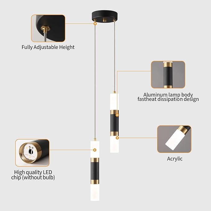 2-Light Pendant Lights Kitchen Island Dimmable LED Modern Mini Pendant Light, Bedroom Small Pendant Light Fixtures (Black Gold)
