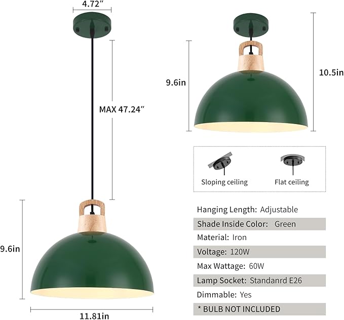Farmhouse Pendant Light, 11.8 inches, 3 Packs Green Kitchen Pendant Lights, Modern Pendant Lights, Island Pendant Lights, Pendant Light for Library, Office, Kitchen Island, Bedroom