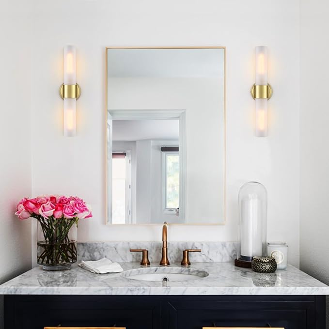 DAYCENT Gold Bathroom Light Fixtures 2-Light Frosted Glass Wall Sconce Modern Brass Glass Wall Light Fixtures Cylinder Vanity Lights Bedside Mirror Lighting for Hallway Bedroom, 20" H
