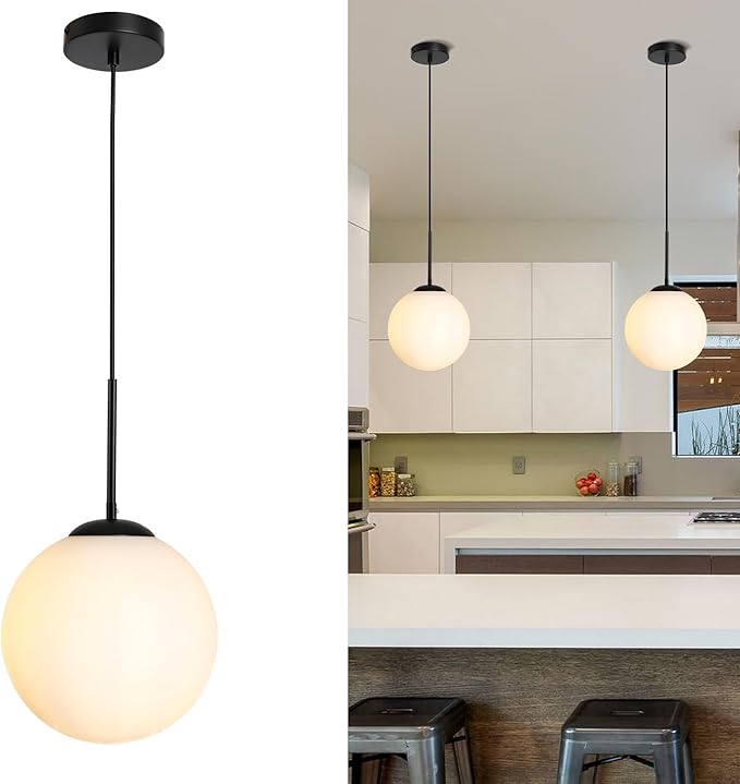 10" Milk Glass Pendant Light Mid Century Modern Globe Hanging Light Fixtures for Dining Room Kitchen Island Bedroom, Black