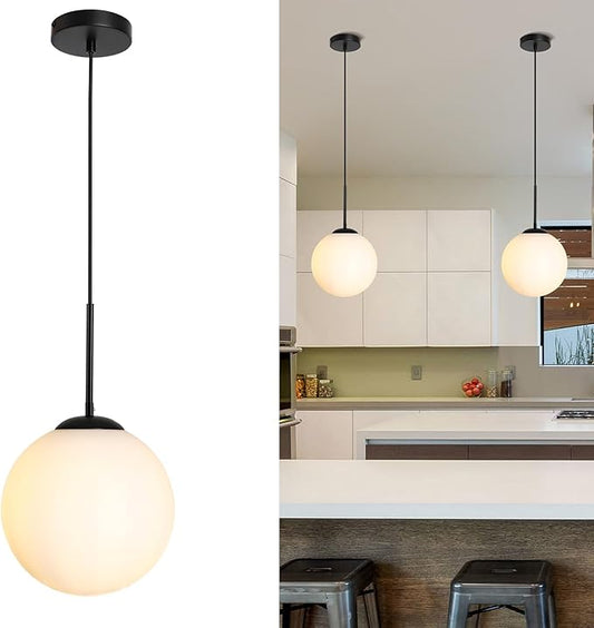 10" Milk Glass Pendant Light Mid Century Modern Globe Hanging Light Fixtures for Dining Room Kitchen Island Bedroom, Black