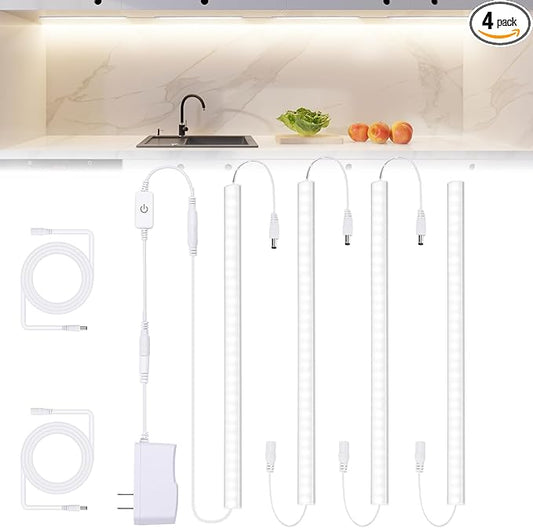 JUSJUBR Under Cabinet Lights Plug-in, 4 Pack x 12inch LED Under Cabinet Lighting, Dimmable Plug-in Light Bar for Desk, Under Kitchen Counter LED Lights with Memory Function, Cold White 6500K