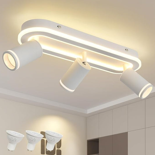 LED 3 Light Track Lighting Spotlight Kit, White Ceiling Spotlights, Modern Track Light Fixture with Flexibly Rotatable Light Heads, 35W+15W Dual Lighting for Kitchen Living Room,Includes 3 x GU10 Bulb