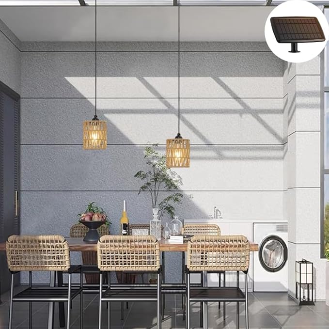 Outdoor Solar Chandelier Indoor Gazebo Lights Waterproof Pendant Hanging Light for Pergola Porch Patio Decor Boho Rattan Lampshade Farmhouse Shed USB Powered Accessories Dimmable Remote