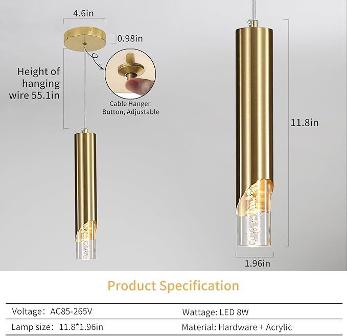 3 Pack Modern Gold Pendant Light Fixture, Acrylic Bubble Cylinder Hanging Lights, 3 Color Temperatures, Minimalist Ceiling Chandelier Lighting for Dining Room, Bedroom, Hallway, Bar, Kitchen Island