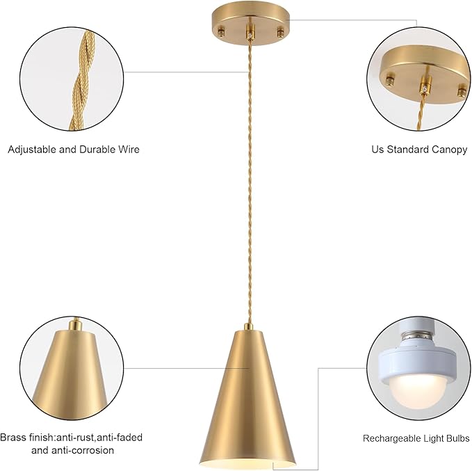 Dijiahua Gold Battery Operated Pendant Lights Kitchen Island 3 Pack with Remote Control,Wireless Rechargeable 12 Color Temperatures Lamp Fixtures with Brass Metal Shade, Modern Hanging Lighting