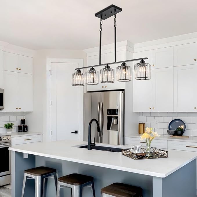 36" Black Chandeliers for Dining Room Light Fixtures over Table, 5-Light Black Linear Farmhouse Pendant Lights Kitchen Island Lighting, Modern Island Lights for Kitchen with Clear K9 Cystal Shades