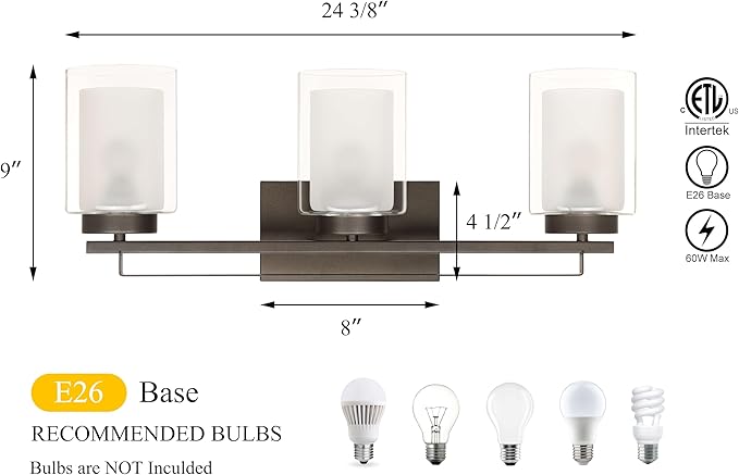 XiNBEi Lighting Wall Light 3 Light Bathroom Vanity Lighting with Dual Glass Shade in Dark Bronze Indoor Wall Mount Light XB-W1195-3-DB