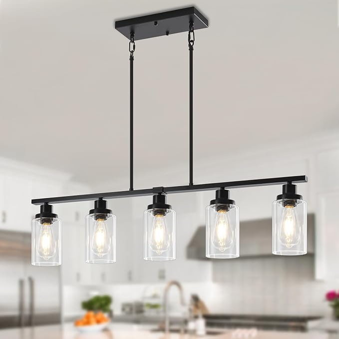 Modern Island Lights for Kitchen, Black Dining Room Light Fixtures Over Table 5-Light Farmhouse Linear Chandelier Adjustable Hanging Kitchen Lights Ceiling Clear Glass Pendant Lighting Over Island