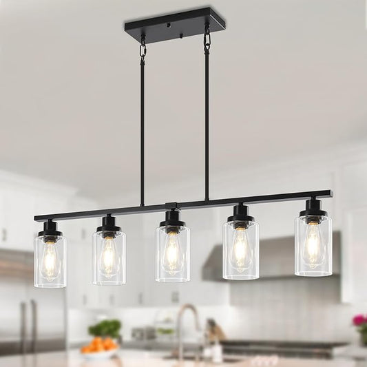 Modern Island Lights for Kitchen, Black Dining Room Light Fixtures Over Table 5-Light Farmhouse Linear Chandelier Adjustable Hanging Kitchen Lights Ceiling Clear Glass Pendant Lighting Over Island
