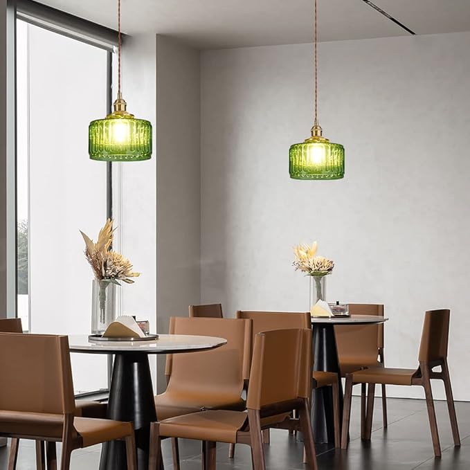 Single Glass Pendant Light Green Striped Glass Shade Brushed Brass Gold Pendant Lights Fixture Farmhouse 1-Light Vintage Industrial Ceiling Hanging Light for Dining Room Kitchen Island