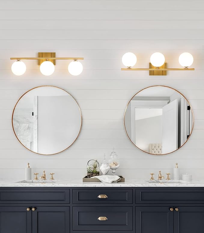 Bathroom Light Fixtures (3-Light, 24 in), Brushed Gold Vanity Lights with Milk Glass Shade, Bathroom Wall Lights for Mirror Bedroom Living Room Hallway