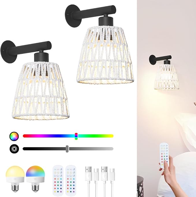 Boho Battery Operated Wall Sconce Set of 2, White Rattan Rechargeable Wall Lights with Dimmable Bulbs and Remote,15 Colors Wireless Wall Lamps for Bedroom Living Room Hallway Decor