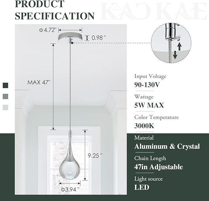 LED Pendant Light Kitchen Island Raindrop Crystal Pendant Lights Dimmable Chrome Modern Hanging Light for Bedroom Bathroom Living Room 6000K Cool White, 1 Pack