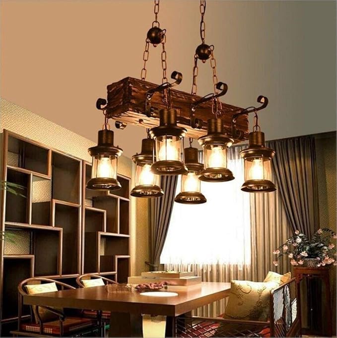 Farmhouse Lighting Industrial Rustic Wood Beam Linear Island Pendant Light Chandelier Lighting Hanging Ceiling Fixture 6-Light