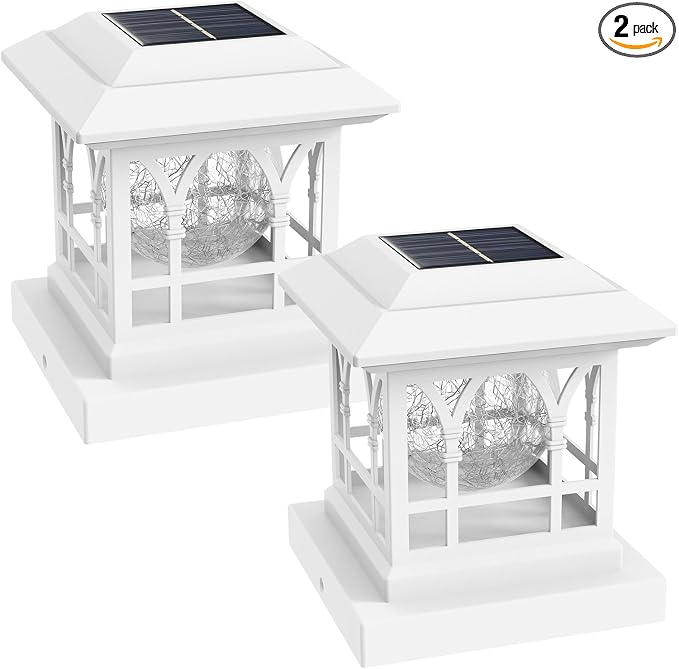 Fence Post Solar Lights, Crackle Glass Solar Post Cap Lights, 20 Lumens, Warm White & RGB Automatic Cycling 2 Modes for 3.6x3.6 4x4 4.5x4.5 5x5 Vinyl Wooden Posts Decoration, White (2 Pack)