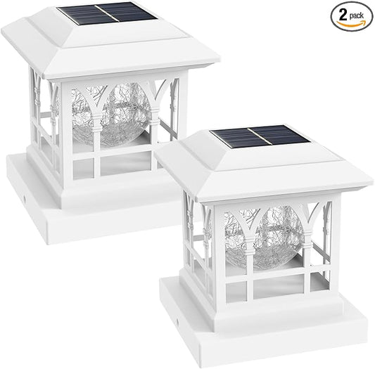 Fence Post Solar Lights, Crackle Glass Solar Post Cap Lights, 20 Lumens, Warm White & RGB Automatic Cycling 2 Modes for 3.6x3.6 4x4 4.5x4.5 5x5 Vinyl Wooden Posts Decoration, White (2 Pack)