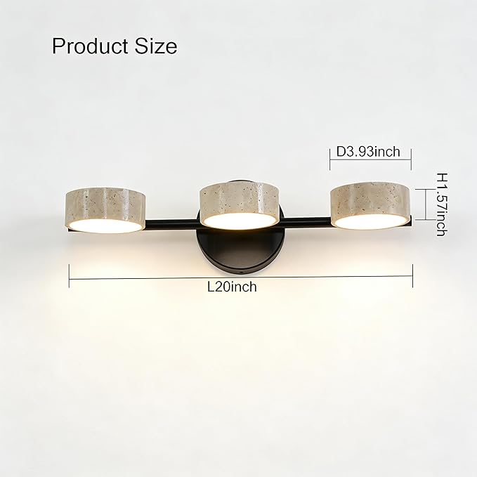 LED Mirror Light with 3 Travertine Stone Shades, Bathroom Vanity Light Fixture, 360° Rotatable Stone Lampshades, Modern Rustic Wall Lamp for Bedroom, Living Room, Hallway (Black-Metal)
