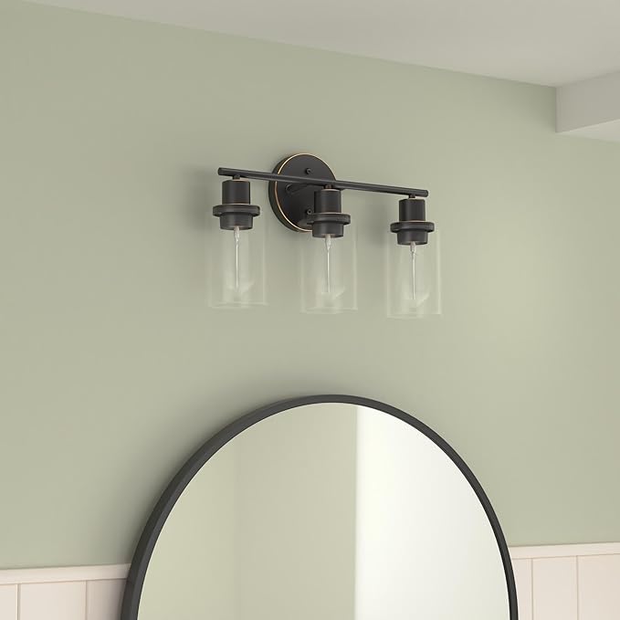 Pia Ricco Bathroom Vanity Light Fixtures, 3-Light Bathroom Wall Lights with Clear Glass Shades, Oil Rubbed Bronze Modern Vanity Light Over Mirror, Wall Sconces for Living Room Bedroom Hallway