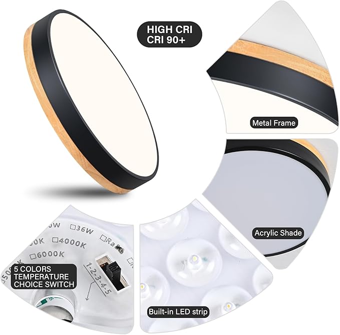 Modern LED Ceiling Light, Dimmable Wood Flush Mount Ceiling Lighting Fixture, 5CCT Round Wood Close to Ceiling Lamp for Kitchen Hallway Bathroom Office Laundry Room Entryway Nursery(Black& 15.75 in)