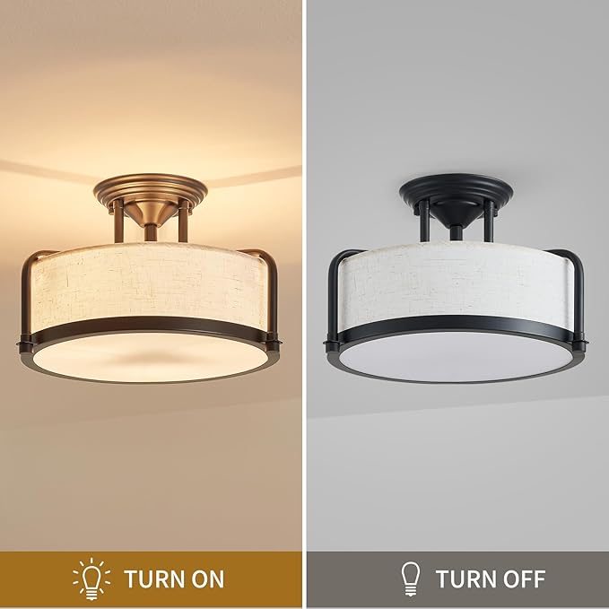 Modern Drum Ceiling Light, Semi-Flushmount Close to Ceiling Light Fixture for Living Room, Bedroom, Dining Room,Kitchen, D13 x 8 in, Linen Fabric Shade & Black Finish Metal Frame