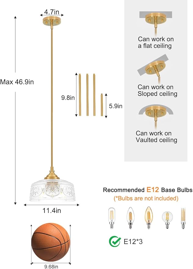 Vintage 3-Light Pendant Light With Embossed Glass Shade, Farmhouse Brushed Gold Pendant Lights Kitchen Island, 2-in-1 Adjustable Hanging & Semi-Flush Mount for Bathroom,Dining Room,Bedroom,Hallway,E12