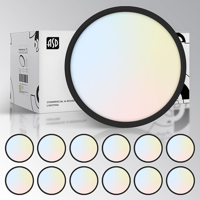 ASD LED 9" Round Flush Mount Light | 18W 1460LM 3000-5000K 120V | 3CCT, Dimmable, Ultra Slim, ETL Listed | Thin Surface Lamp, Bedroom Ceiling Lighting | Black, 12 Pack