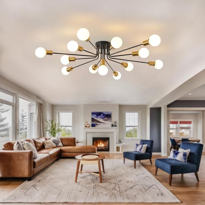 Black and Gold Oversized Semi Flush Mount Ceiling Light Fixture 13-Lights Modern Large Sputnik Chandelier for Office Living Room Bedroom Dining Room Kitchen