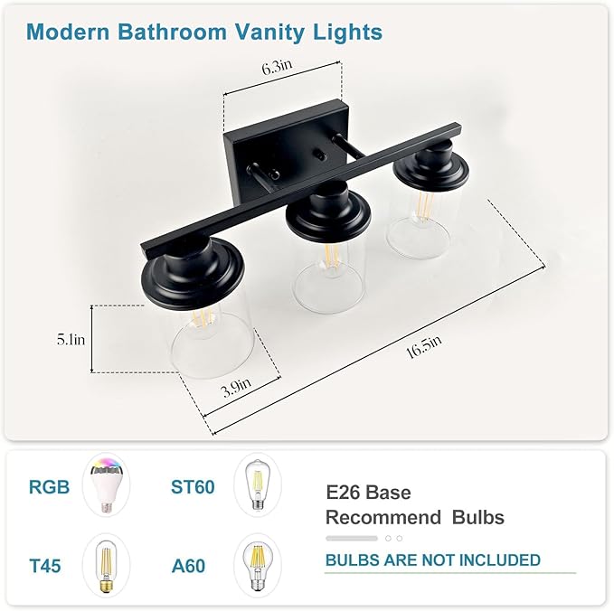 Lightdot Modern Bathroom Light Fixtures, 3 Light Vanity Lights, Black Wall Lamp with Clear Glass for Bathroom, Mirror, Living Room, Bedroom, Hallway, E26 Base-Black
