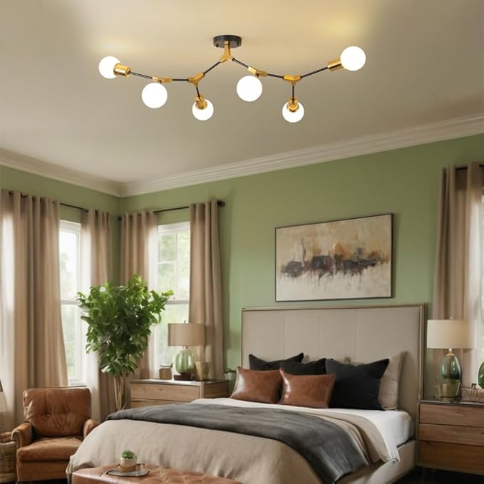 Modern Mid Century Gold and Black Large Sputnik Semi Flush Mount Ceiling Light Fixture for Bedroom Dining Room Living Room Kitchen Hallway Office,Metal 6 Light Long Chandelier