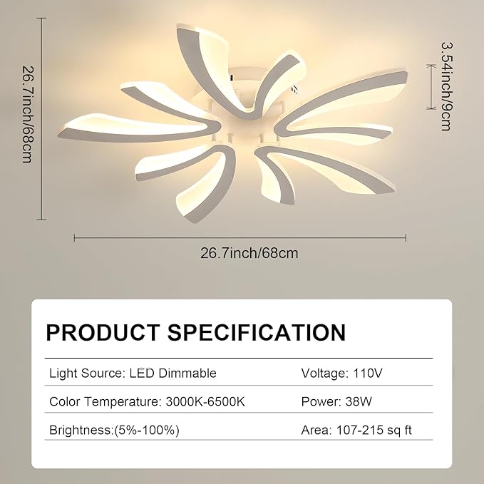 DELIPOP Modern Ceiling Light, 26.7'' Dimmable White Acrylic V-Shaped LED Flush Mount Ceiling Light, 3000K-6500K with Remote Control for Living Room Bedroom Dining Room