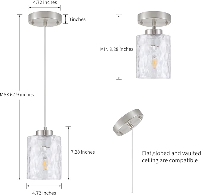MWZ Brushed Nickel Pendant Lights Kitchen Island 3 Pack, Modern Hanging Kitchen Pendant Lighting Over Sink with Hammered Glass Shade,Small Chandeliers Fixtures Adjustable Cord Hanging Lighting