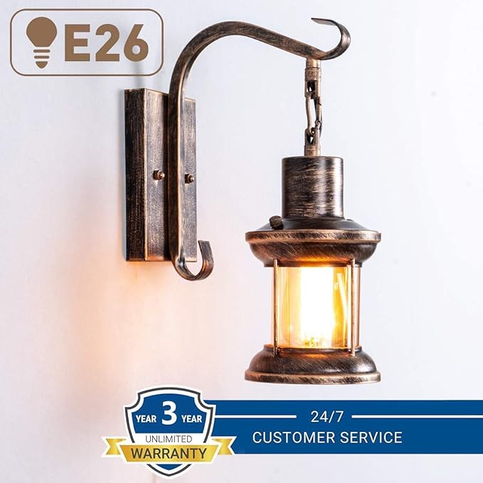 Yisuro Rustic Wall Light Fixtures, Oil Rubbed Bronze Finish Indoor Vintage Wall Light Industrial Lamp Fixture Glass Shade Farmhouse Metal for Bedroom Living Room(2 Pack)