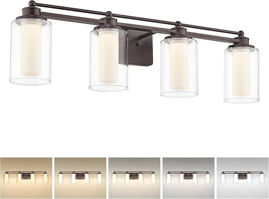 Bathroom Light Fixtures 4 Lights, HWH Oil Rubbed Bronze Bathroom Vanity Light Over Mirror with Clear Glass, 5CCT Dimmable 24W LED Vanity Lights, 5HLT63B-4W-LED ORB