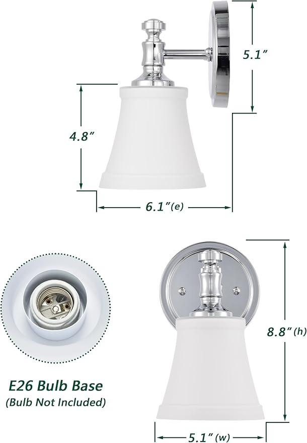 Wall Sconces, Traditional Chrome 1 Light Sconce, Wall Light with Opal Glass Shade for Bedroom Bathroom Living Room & Hallway Vanity Lighting Fixture
