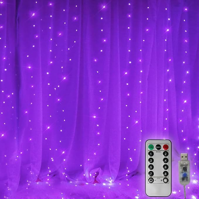 Curtain String Lights Halloween Decor, 300 LED Twinkle Lights with Remote Timer USB Power 8 Modes Purple Fairy Lights for Bedroom Wall, Tapestry, Window, Christmas Decor-9.8ft x 9.8ft(Purple)