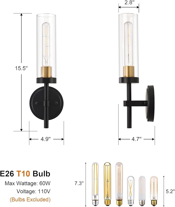 Hardwired Wall Sconces Set of Two, Black and Gold Bathroom Vanity Sconces Wall Lighting with Clear Glass Shade, Modern Farmhouse Wall Mount Lights for Mirror Bedroom Living Room Hallway Kitchen