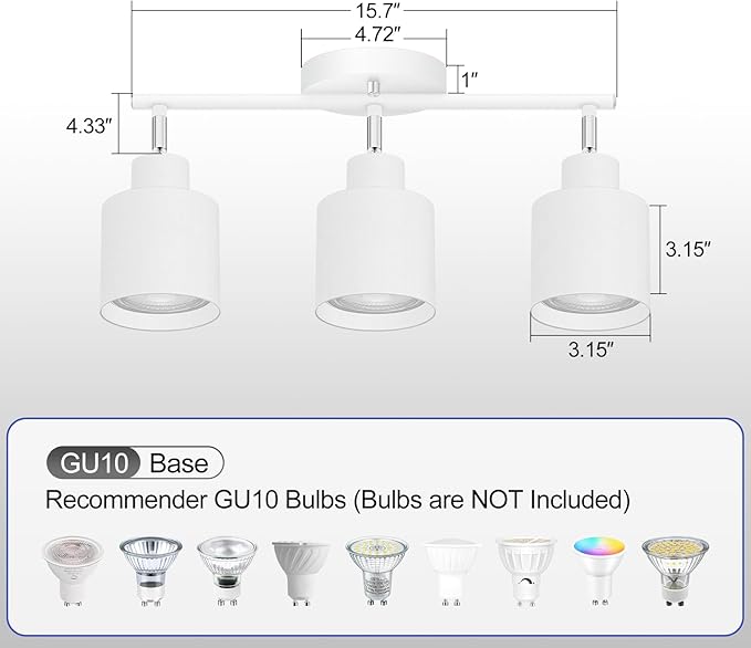 3-Light Led Track Lighting,White Ceiling Lighting Fixtures,Wall Sconces Ceiling Spotlight with Foldable Light Arms for Kitchen, Closet, Bedroom,GU10 Socket, Bulbs Not Included