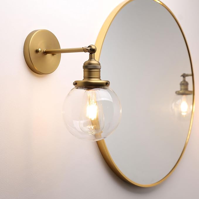 Phansthy 1-Light Wall Sconce, Brass Boho Bathroom Vanity Light, Modern Wall Light with Globe Glass Shade E26 Base, Adjustable Wall Lighting Fixtures for Bedroom, Living Room (Antique, Clear Shade)
