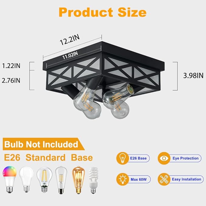 Farmhouse 4-Light Flush Mount Ceiling Lights,Adjustable Motion Sensor Square Ceiling Lamp for Entryway,Hallway,Porch,Patio,Storage Room and Garage,12in Matte Black Metal Modern Ceiling Light Fixture