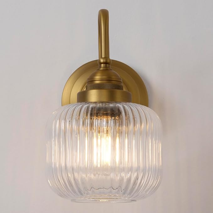 Vintage Industrial Wall Sconce Lighting with Clear Striped Glass Shade, Hardwired Wall Vanity Light Fixture for Bathroom Kitchen Living Room Bedroom Hallway